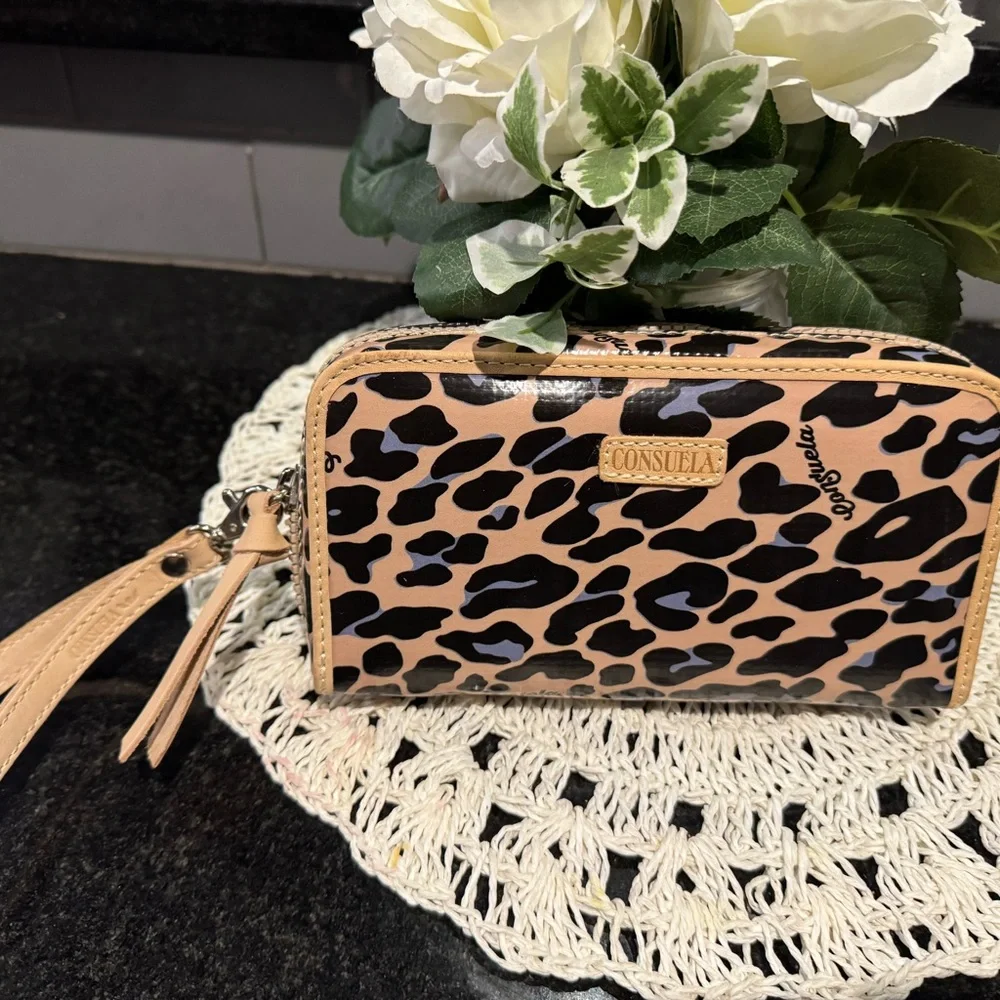 Consuela Tan and Black Leopard Patent Zip Wallet
